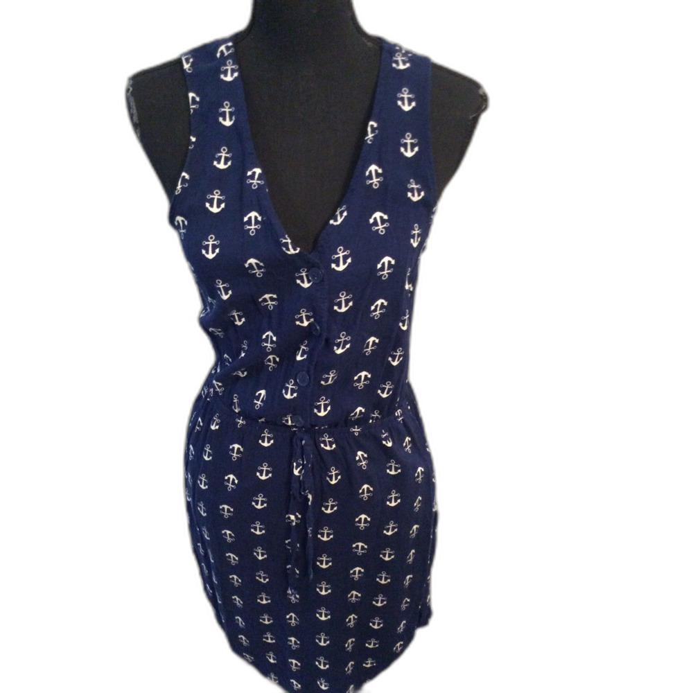 Nautical blue anchor Sleeveless Dress Button Front Drawstring Waist Medium